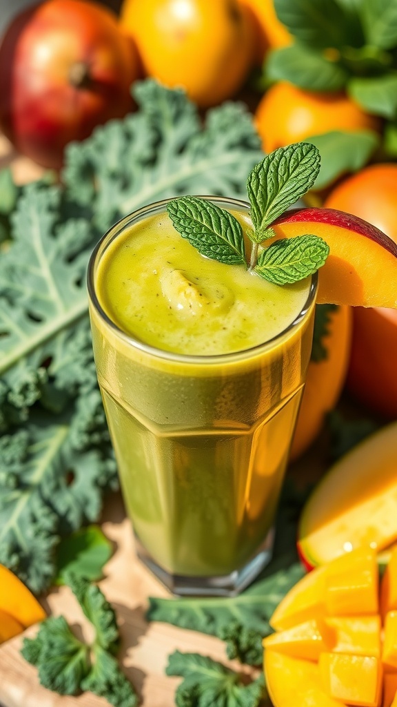 A refreshing kale mango smoothie in a glass, garnished with mango slice and mint, surrounded by fresh fruits.